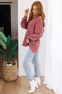 Happier Now Henley Hoodie in Burgundy - Happily Ever Atchison Shop Co.