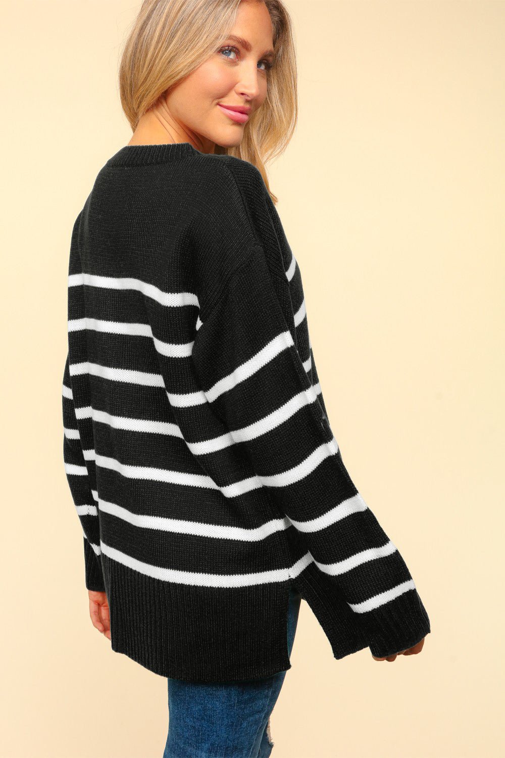 Haptics Full Size Striped Contrast Side Slit Sweater - Happily Ever Atchison Shop Co.