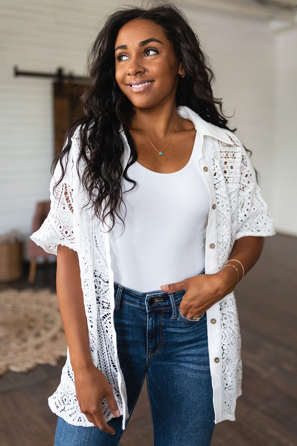 Head in the Clouds Lace Button Down - Happily Ever Atchison Shop Co.