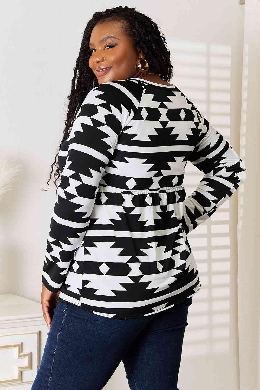 Heimish Full Size Geometric Notched Neck Long Sleeve Top - Happily Ever Atchison Shop Co.