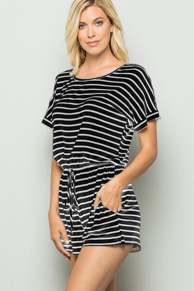 Heimish Full Size Striped Round Neck Short Sleeve Romper - Happily Ever Atchison Shop Co.