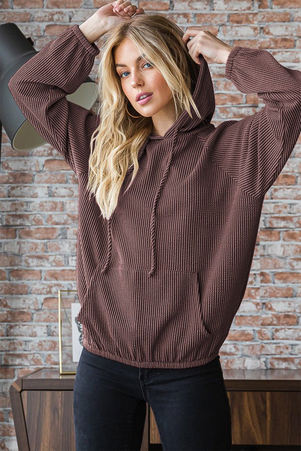 Heimish Ribbed Long Sleeve Hoodie with Kangaroo Pocket - Happily Ever Atchison Shop Co.