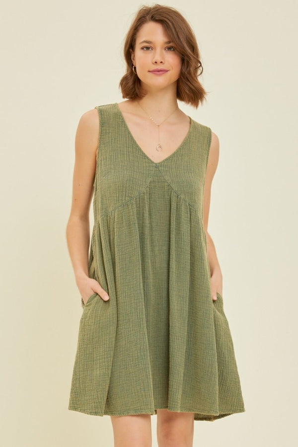 HEYSON Full Size Texture V - Neck Sleeveless Flare Mini Dress - Happily Ever Atchison Shop Co.