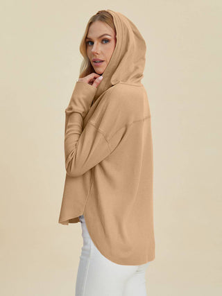 Double Take Full Size High-Low Dropped Shoulder Long Sleeve Hoodie - 1985 the VAULT Boutique