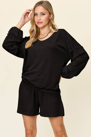 Double Take Full Size Texture V-Neck Long Sleeve T-Shirt and Shorts Set - 1985 the VAULT Boutique