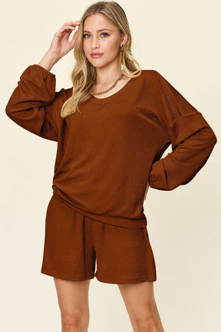 Double Take Full Size Texture V-Neck Long Sleeve T-Shirt and Shorts Set - 1985 the VAULT Boutique