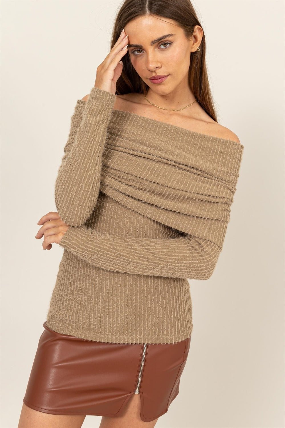 HYFVE Fuzzy Off shoulder Textured Knit Top - Happily Ever Atchison Shop Co.