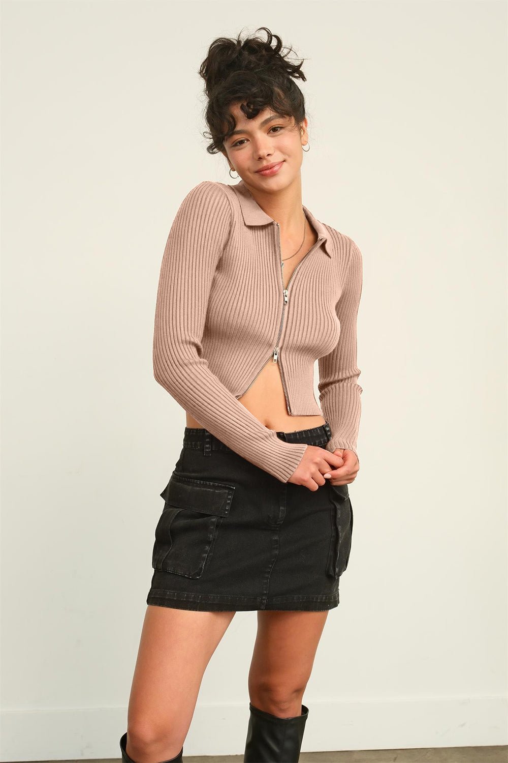 HYFVE Ribbed Double Zip Cropped Cardigan - Happily Ever Atchison Shop Co.