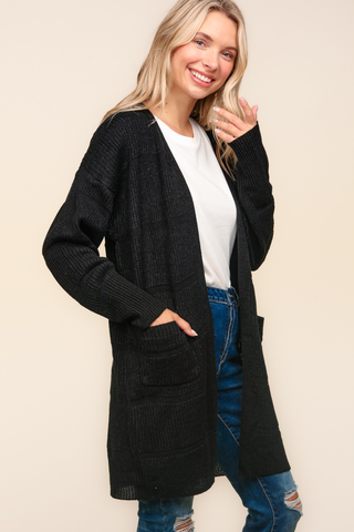 Stripe Textured Open Cardigan with Pockets in Black - 1985 the VAULT Boutique