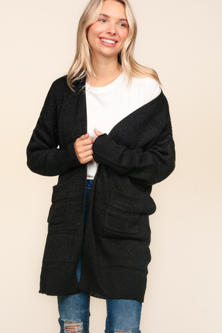 Stripe Textured Open Cardigan with Pockets in Black - 1985 the VAULT Boutique