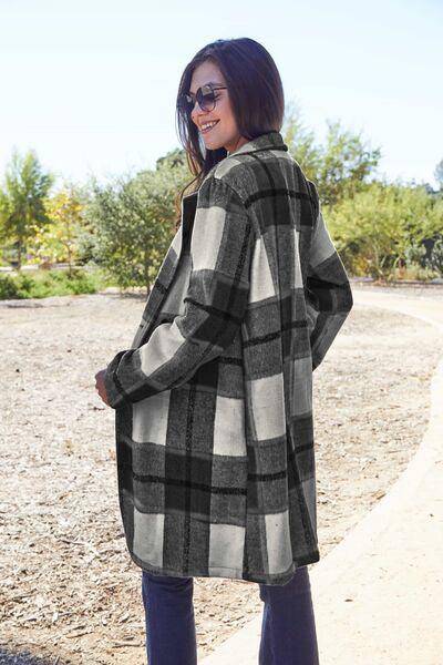 Double Take Full Size Plaid Button Up Lapel Collar Coat - 1985 the VAULT Boutique