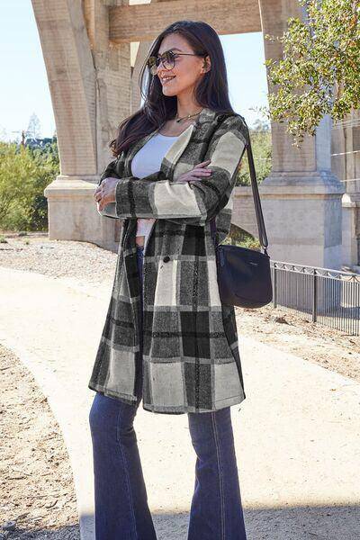 Double Take Full Size Plaid Button Up Lapel Collar Coat - 1985 the VAULT Boutique