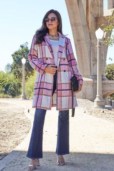 Double Take Full Size Plaid Button Up Lapel Collar Coat - 1985 the VAULT Boutique