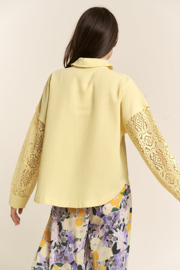 J.NNA Button Down Lace Long Sleeve Waffle Shirt - Happily Ever Atchison Shop Co.