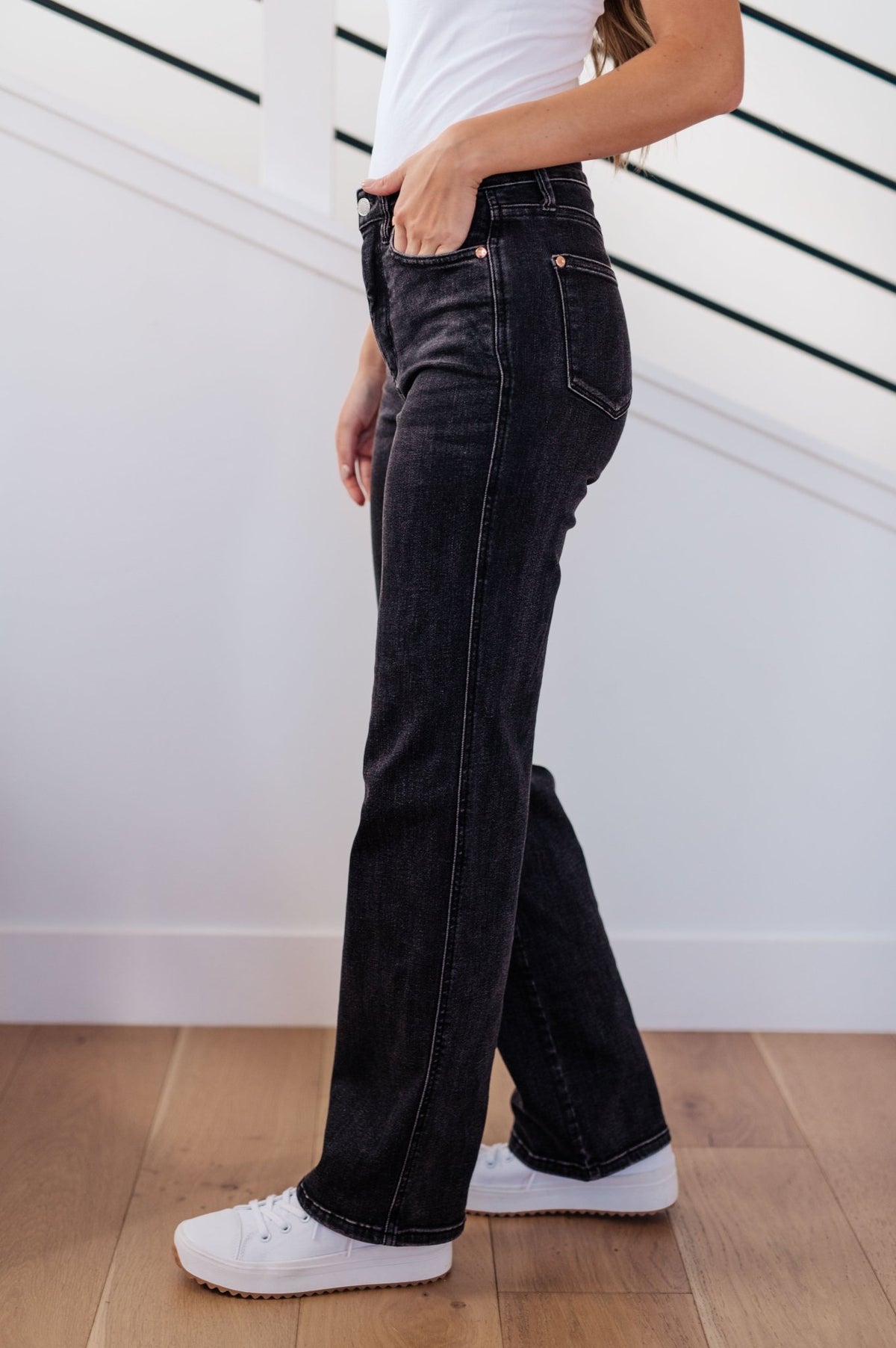 Joan High Rise Control Top Straight Jeans in Washed Black - Happily Ever Atchison Shop Co.