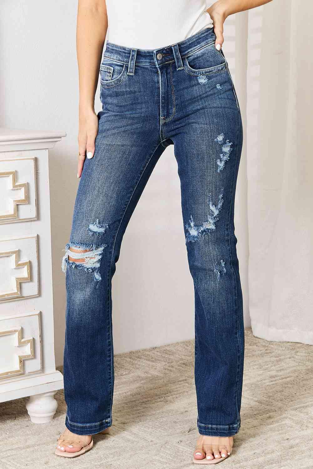 Judy Blue Full Size Mid Rise Hand Sand & Destroy Bootcut Jeans - Happily Ever Atchison Shop Co.