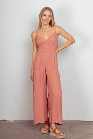 VERY J Sleeveless Ruched Wide Leg Jumpsuit - 1985 the VAULT Boutique