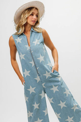 BiBi Star Print Half Zip Sleeveless Denim Jumpsuit - 1985 the VAULT Boutique