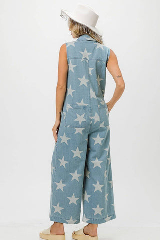 BiBi Star Print Half Zip Sleeveless Denim Jumpsuit - 1985 the VAULT Boutique