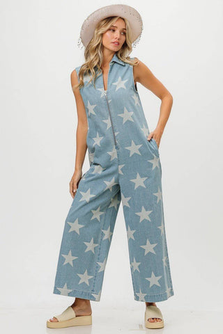 BiBi Star Print Half Zip Sleeveless Denim Jumpsuit - 1985 the VAULT Boutique