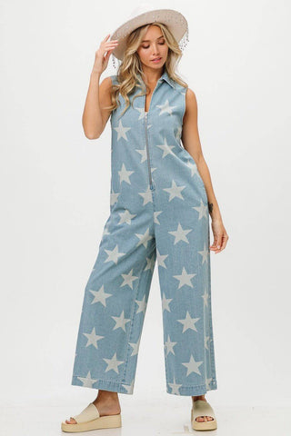 BiBi Star Print Half Zip Sleeveless Denim Jumpsuit - 1985 the VAULT Boutique