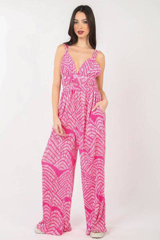 VERY J Printed Pleated Sleeveless Wide Leg Jumpsuit - 1985 the VAULT Boutique