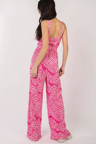 VERY J Printed Pleated Sleeveless Wide Leg Jumpsuit - 1985 the VAULT Boutique