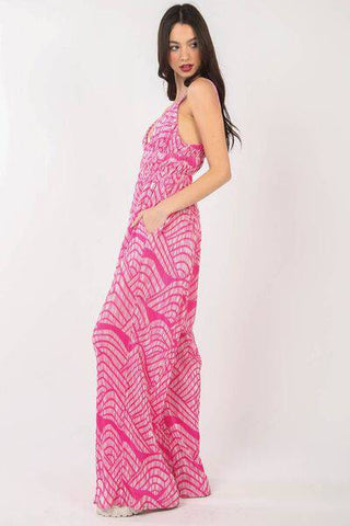 VERY J Printed Pleated Sleeveless Wide Leg Jumpsuit - 1985 the VAULT Boutique