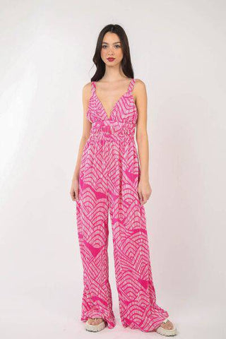 VERY J Printed Pleated Sleeveless Wide Leg Jumpsuit - 1985 the VAULT Boutique