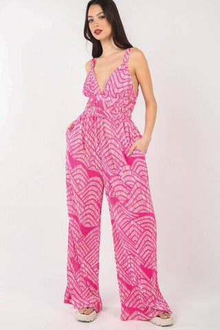 VERY J Printed Pleated Sleeveless Wide Leg Jumpsuit - 1985 the VAULT Boutique