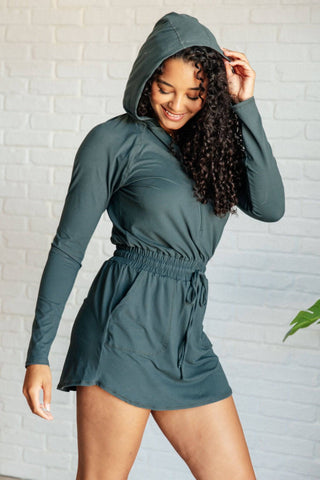 Getting Out Long Sleeve Hoodie Romper in Smoked Spruce - 1985 the VAULT Boutique