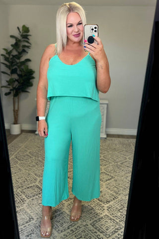 Ribbed Double Layer Jumpsuit in Mint - 1985 the VAULT Boutique