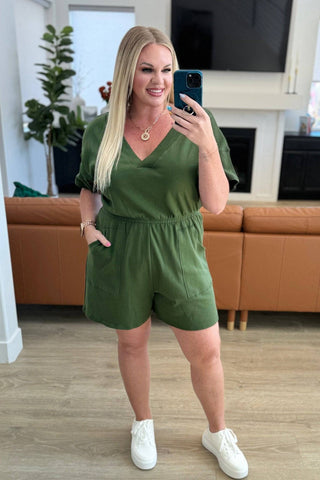 Short Sleeve V-Neck Romper in Army Green - 1985 the VAULT Boutique