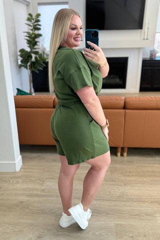 Short Sleeve V-Neck Romper in Army Green - 1985 the VAULT Boutique