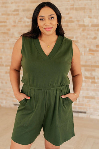 Sleeveless V-Neck Romper in Army Green - 1985 the VAULT Boutique