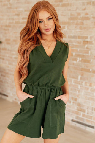 Sleeveless V-Neck Romper in Army Green - 1985 the VAULT Boutique