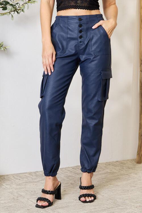 Kancan High Waist Faux Leather Cargo Joggers - Happily Ever Atchison Shop Co.