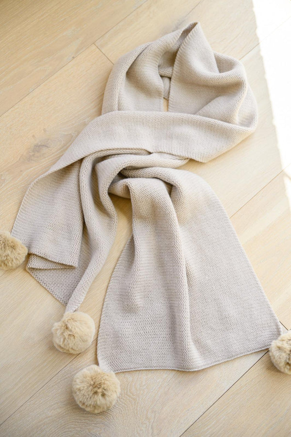 Knitted Fuzzy Pom Pom Scarf In Beige - Happily Ever Atchison Shop Co.