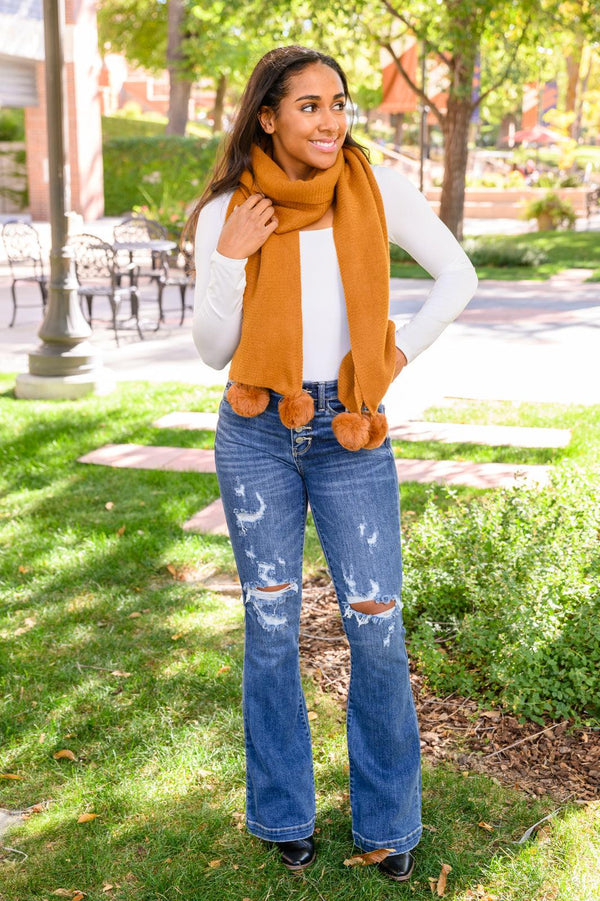 Knitted Fuzzy Pom Pom Scarf In Ginger - Happily Ever Atchison Shop Co.