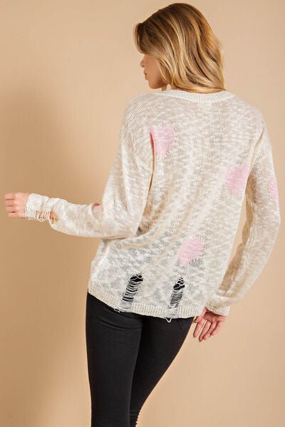 Kori America Heart Pattern Distressed Sweater - Happily Ever Atchison Shop Co.