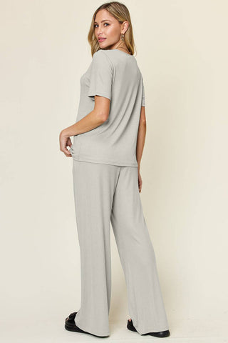 Double Take Full Size Round Neck Short Sleeve T-Shirt and Wide Leg Pants Set - 1985 the VAULT Boutique