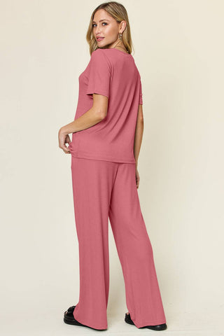 Double Take Full Size Round Neck Short Sleeve T-Shirt and Wide Leg Pants Set - 1985 the VAULT Boutique