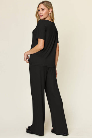 Double Take Full Size Round Neck Short Sleeve T-Shirt and Wide Leg Pants Set - 1985 the VAULT Boutique