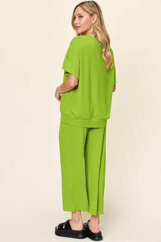 Double Take Full Size Texture Round Neck Short Sleeve T-Shirt and Wide Leg Pants - 1985 the VAULT Boutique