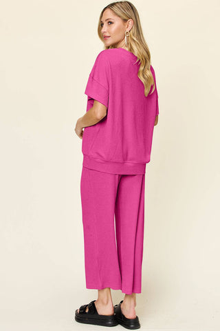 Double Take Full Size Texture Round Neck Short Sleeve T-Shirt and Wide Leg Pants - 1985 the VAULT Boutique