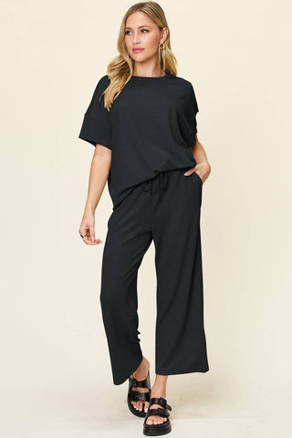 Double Take Full Size Texture Round Neck Short Sleeve T-Shirt and Wide Leg Pants - 1985 the VAULT Boutique