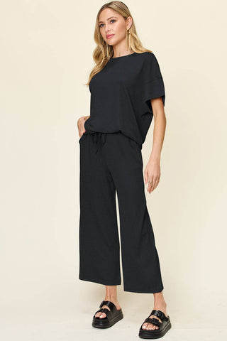 Double Take Full Size Texture Round Neck Short Sleeve T-Shirt and Wide Leg Pants - 1985 the VAULT Boutique