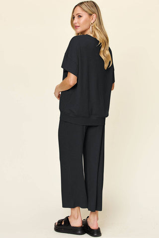 Double Take Full Size Texture Round Neck Short Sleeve T-Shirt and Wide Leg Pants - 1985 the VAULT Boutique