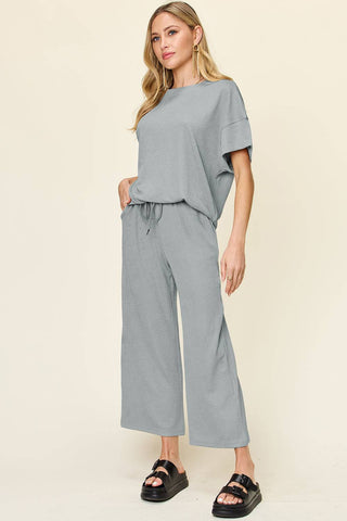 Double Take Full Size Texture Round Neck Short Sleeve T-Shirt and Wide Leg Pants - 1985 the VAULT Boutique