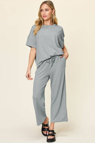 Double Take Full Size Texture Round Neck Short Sleeve T-Shirt and Wide Leg Pants - 1985 the VAULT Boutique